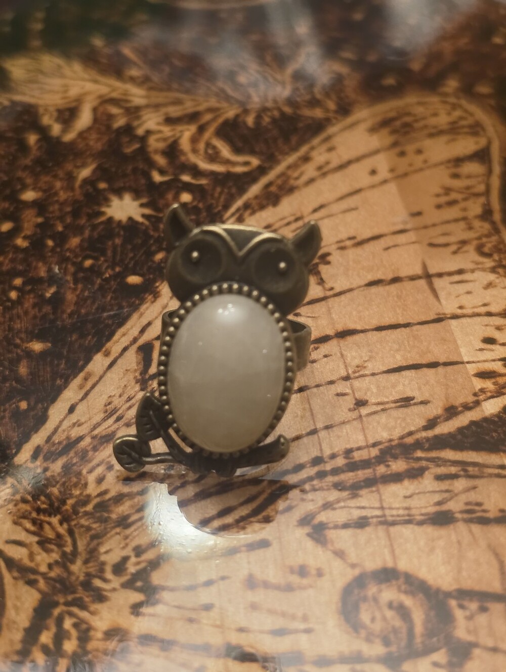 Bronze Tone Metal Owl Ring W White Opalite Oval Gemstone Belly Adjustable Ring